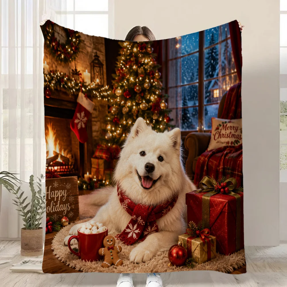 1pc Fluffy Throw Blanket, 2D Flat Samoyed Dog Christmas Indoor Scene Print, Warm Blanket for Sofa Bedroom, Camping Decor Gift