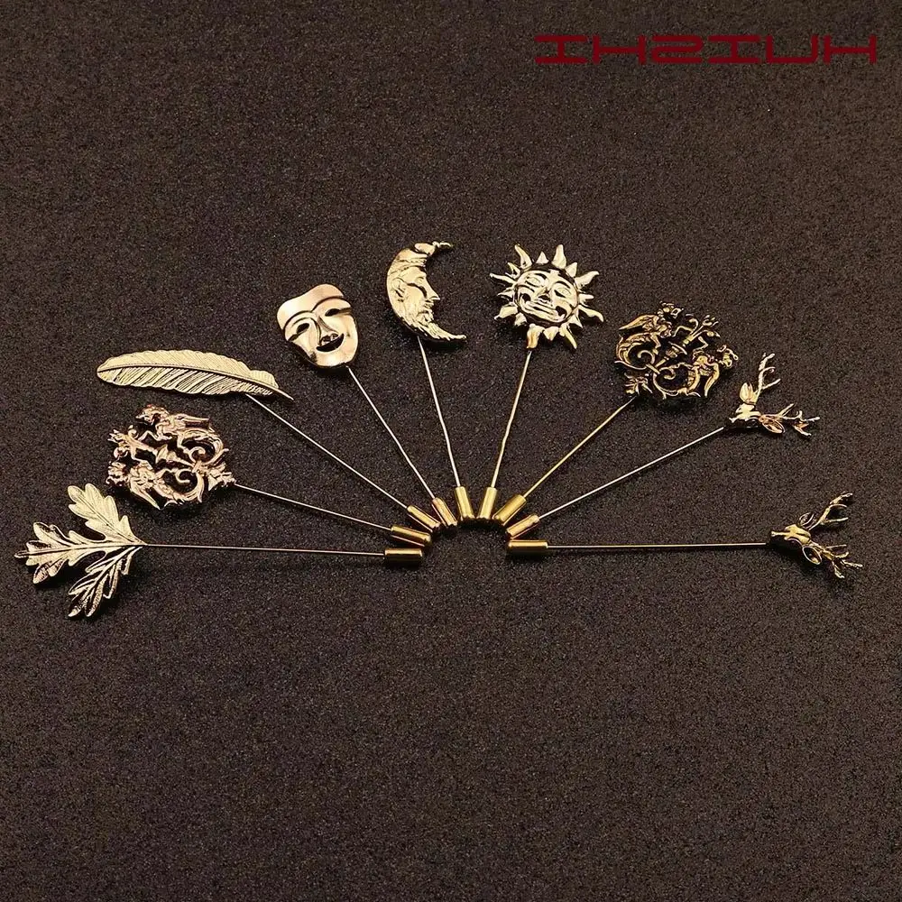 Vintage Tie Pin Men Women Gold Slivery Deer Leaf Sun Shape Brooch Pin For Wedding Suit Pocket Fashion Jewelry Retro Accessories