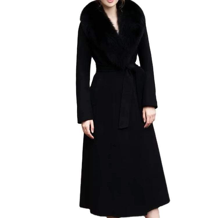 Fox hair collar wool coat long 2024 autumn and winter high-grade waist thin double-sided cashmere coat female