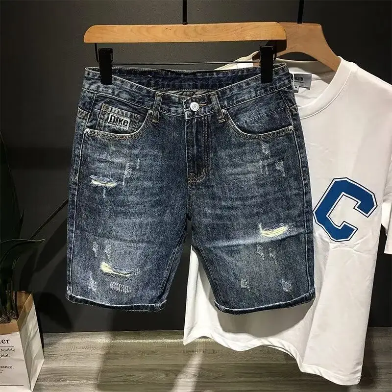High-end 2025 New Luxury Clothing Trendy Men's Denim Shorts Loose Straight Ripped Hole Distressed Washed Cargo Short Pants