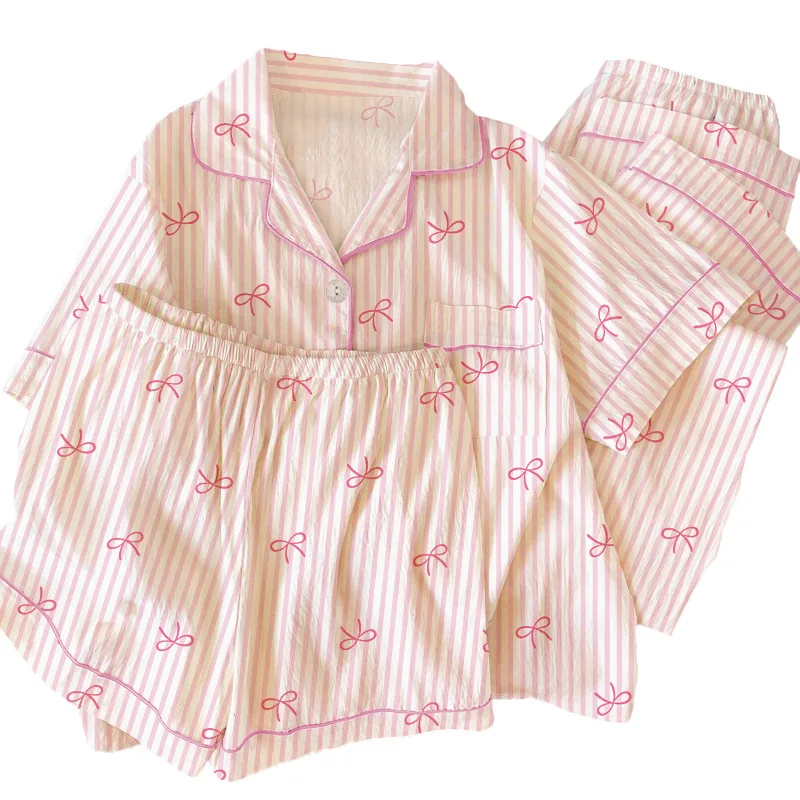 الربيع/الخريف الفتيات الحلو مخطط الكورية نمط القوس طباعة كريب منامة قصيرة الأكمام ثلاث قطع مجموعة لملابس المنزل السيدات الشابات