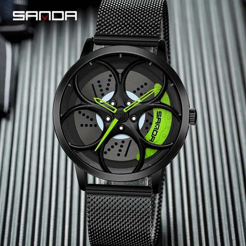 

SANDA P1070 Top Brand New Model Car Wheel Rim Hub Watches Men Super Watch Stainless Steel Quartz WristWatches Relogio Masculino