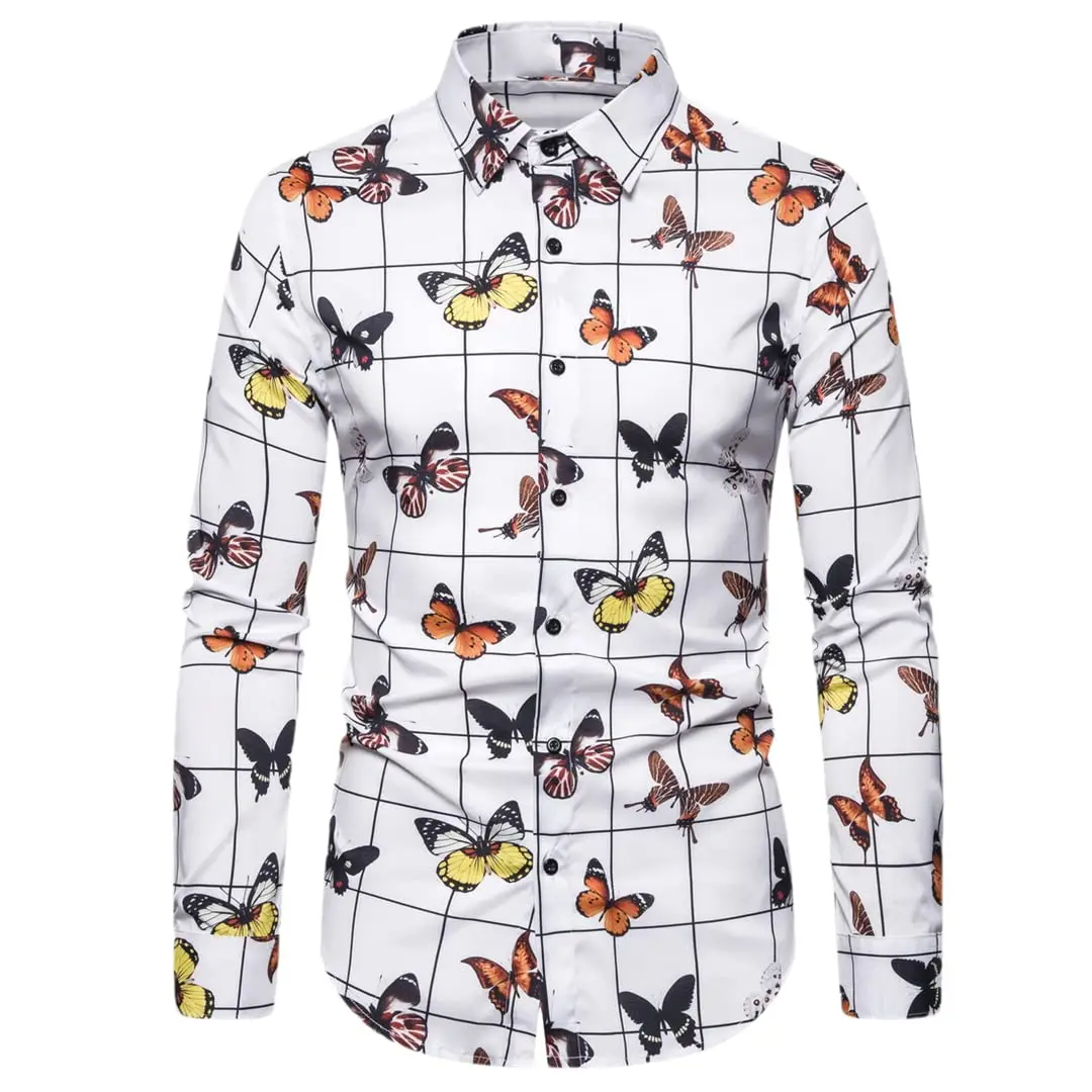 2025 New Fashion All-match Butterfly Print Men\'s Long Sleeve Shirt Casual Party Street Hawaiian Polo Collar Shirt Polyester