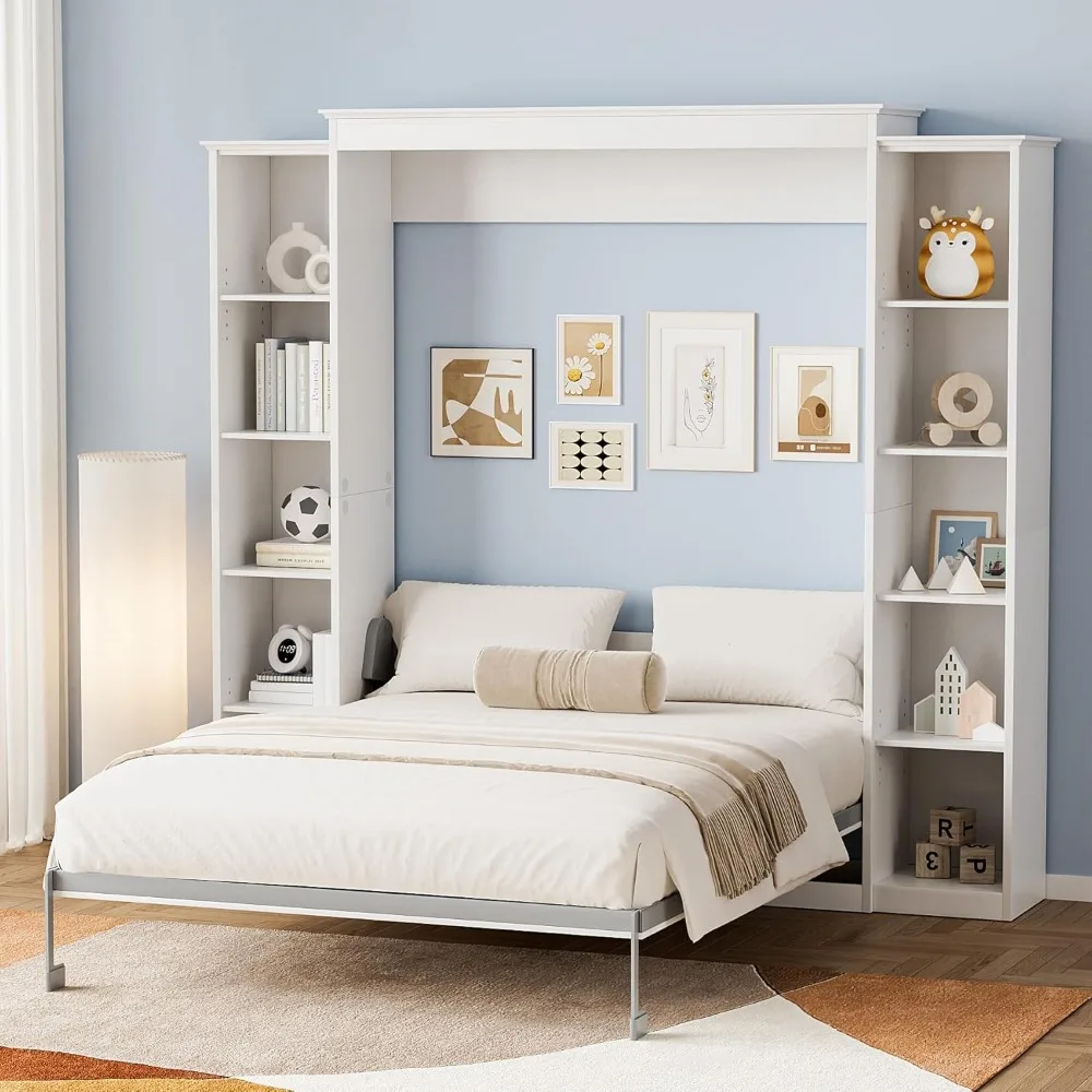 Letto Queen Murphy con libreria portaoggetti e 4 ripiani regolabili, struttura letto pieghevole salvaspazio da parete in legno Queen, struttura letto nascosta f