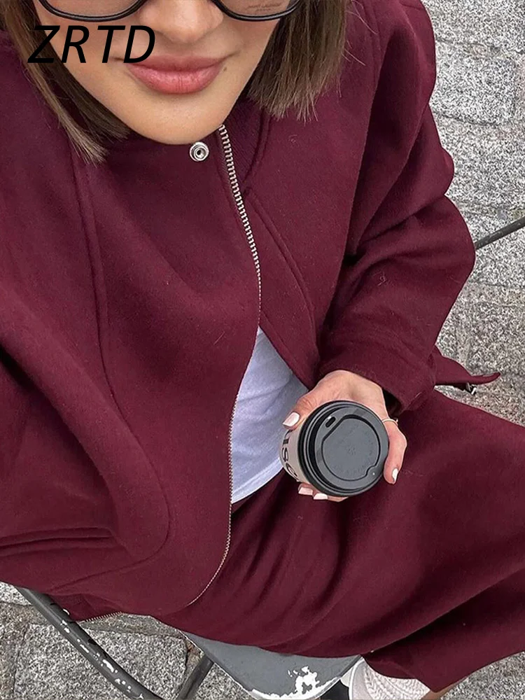 Elegant Patchwork Jacket Women Loose Stand Collar Zipper Long Sleeve Pocket Female Coat 2024 Autumn Lady Street Red Wine Outwear