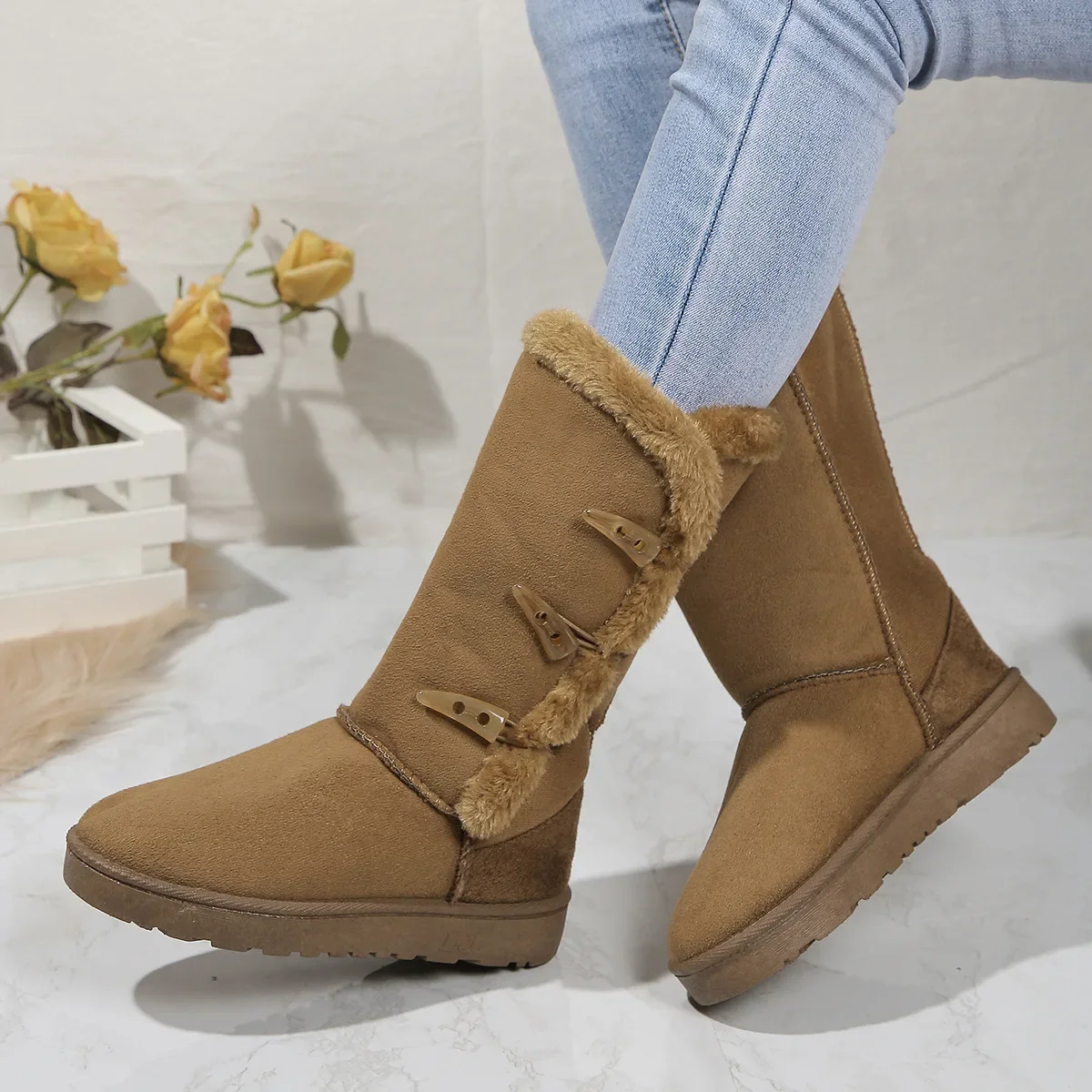 2024 Autumn/winter Women's Fashionable Fur Integrated Thickened Fleece-lined Warm Cotton Shoes Thick Bottomed Snow Cotton Boots