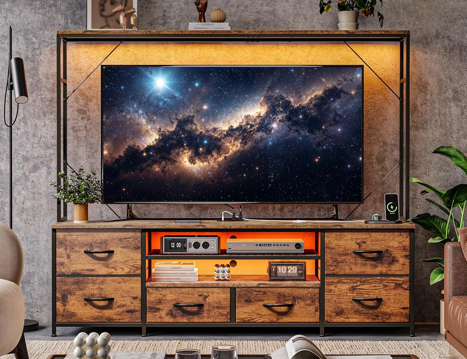 Entertainment Center with LED Lights,Power Strip,Top Wooden Display Shelf, Customized