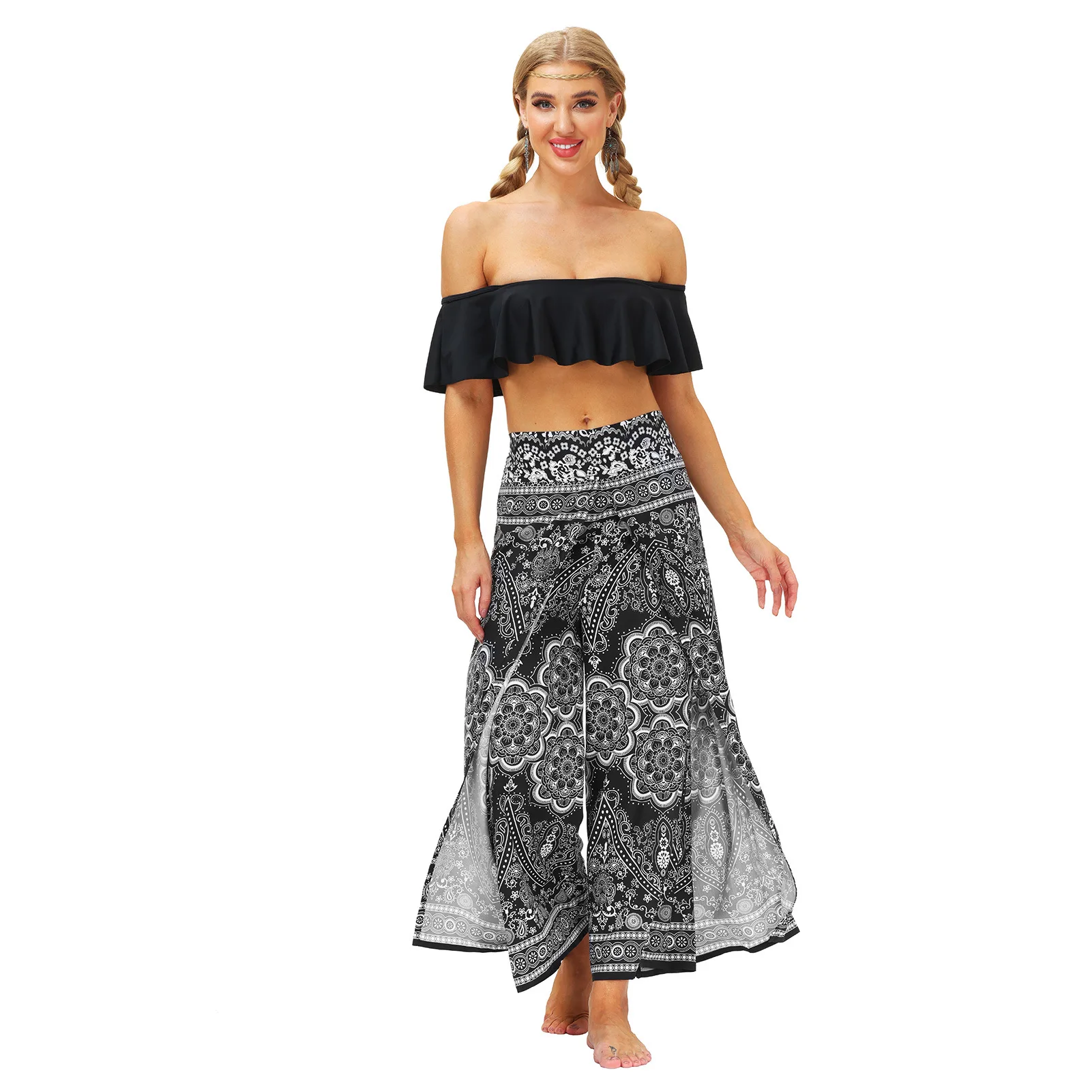 Women Split Wide Leg Elastic Waist Boho Harem Pants Palazzo Split Loose Yoga Trousers