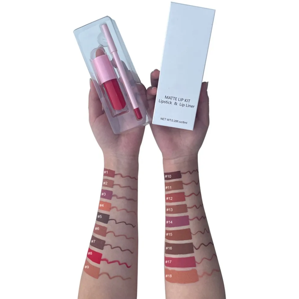 มังสวิรัติแต่งหน้าชุดฉลากส่วนตัวสีชมพู Matte Liquid ลิปสติก Lip Liner Set โลโก้ที่กําหนดเองขายส่งกันน้ําโหดร้ายฟรี Lip Kit