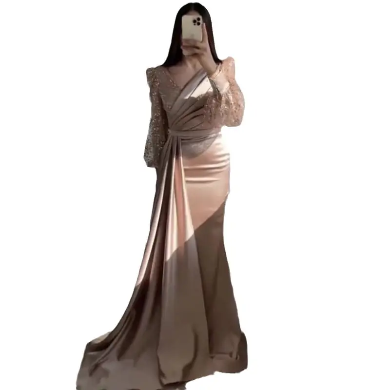 Robe de Soirée en Satin à Col en V pour Femme, Tenue de Bal Élégante à Paillettes et Manches sulf, Arabie Saoudite