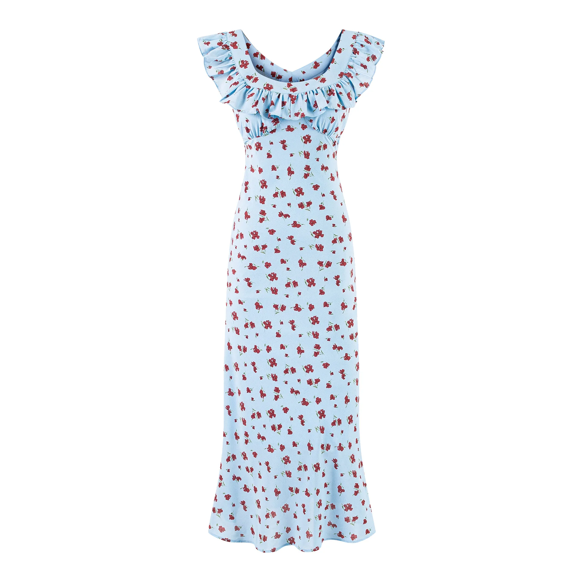 

Red Floral Print Slim Long Dress Women Ruffle Square Collar Sleeveless Midi Dresses Summer Elegant Casual Fashion A-line Vestido