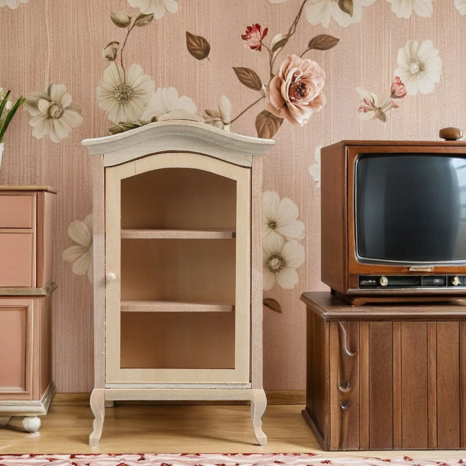 

Miniature Wooden Bookshelf Cabinet Arched Top Display Cabinet for Dollhouse Furniture Accessories Mini Wood Shelf Storage