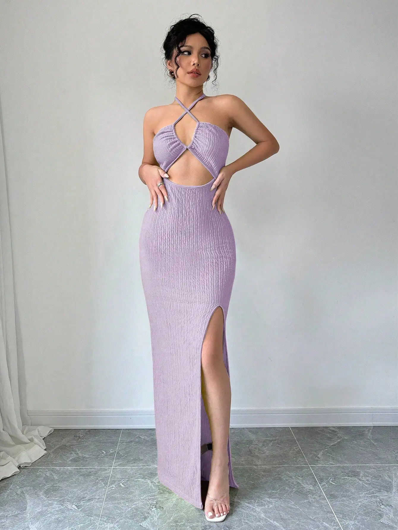 Bonito vestido ajustado con escote Halter y abertura larga para ropa de Año Nuevo, traje Maxi para mujer