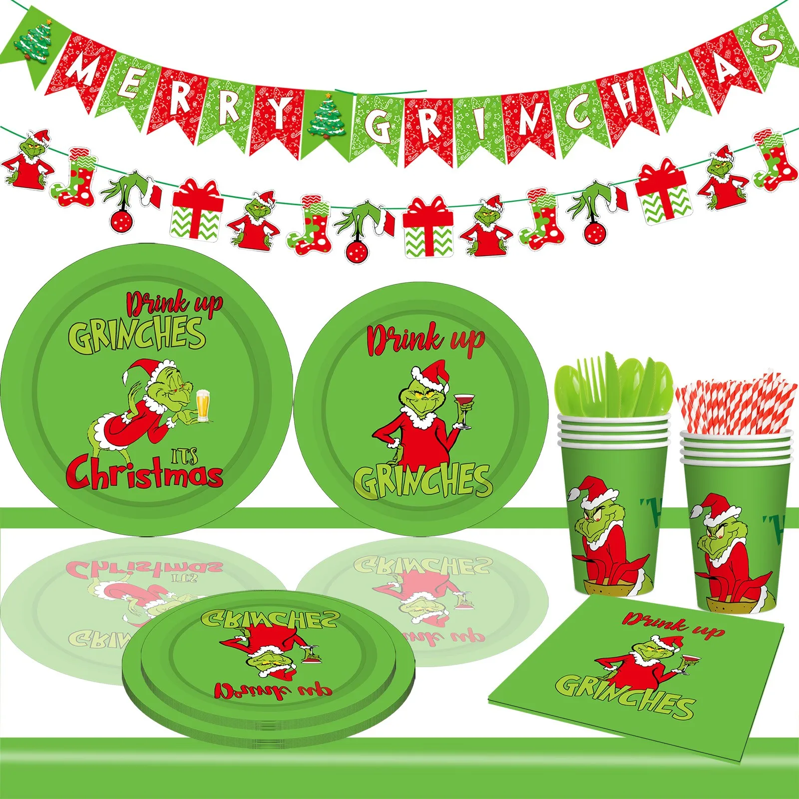 Christmas Grinch Themed Tableware Set Birthday Party Disposable Tableware Paper Cup Set Household Supplies