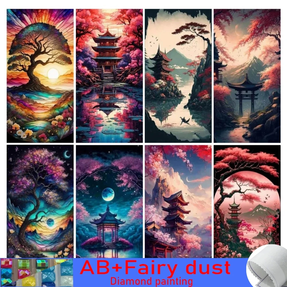 Diy Large Size Yggdrasil Cherry Blossom Tree 120 colors AB Fairy Dust Diamond Painting Mountain Pavilion Full Mosaic Embroidery