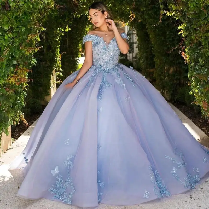 

Customized Modern Quinceanera Dresses Appliques Tulle V-neck Off The Shoulder Applique Pleat Lacing Up Vestidos De 15