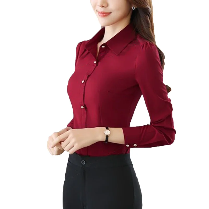 Women Shirt Slim Fit Lady Shirt Long Sleeve Formal Shirt Casual Work Wear Solid Color Turndown Collar Shirt Buttons Blouse Top