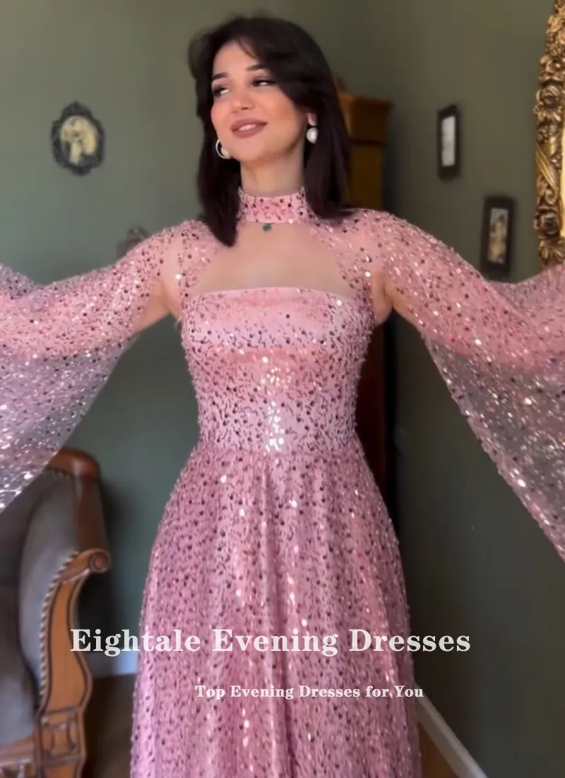 Eightale Luxus Abendkleider High Neck Langarm Glänzende Pailletten A-Line Angepasst Prom Hochzeit Party Kleid Vestido De Fiesta