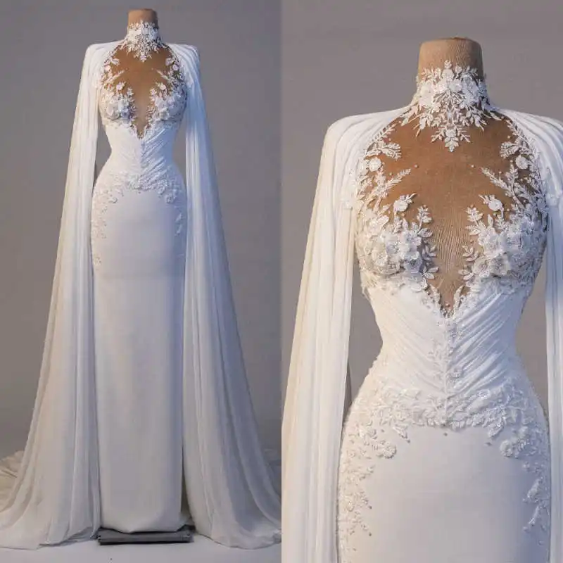 فساتين زفاف أنيقة مزينة بالدانتيل ورقبة عالية بطول الأرض فساتين زفاف مناسبة الخطوبة حسب الطلب