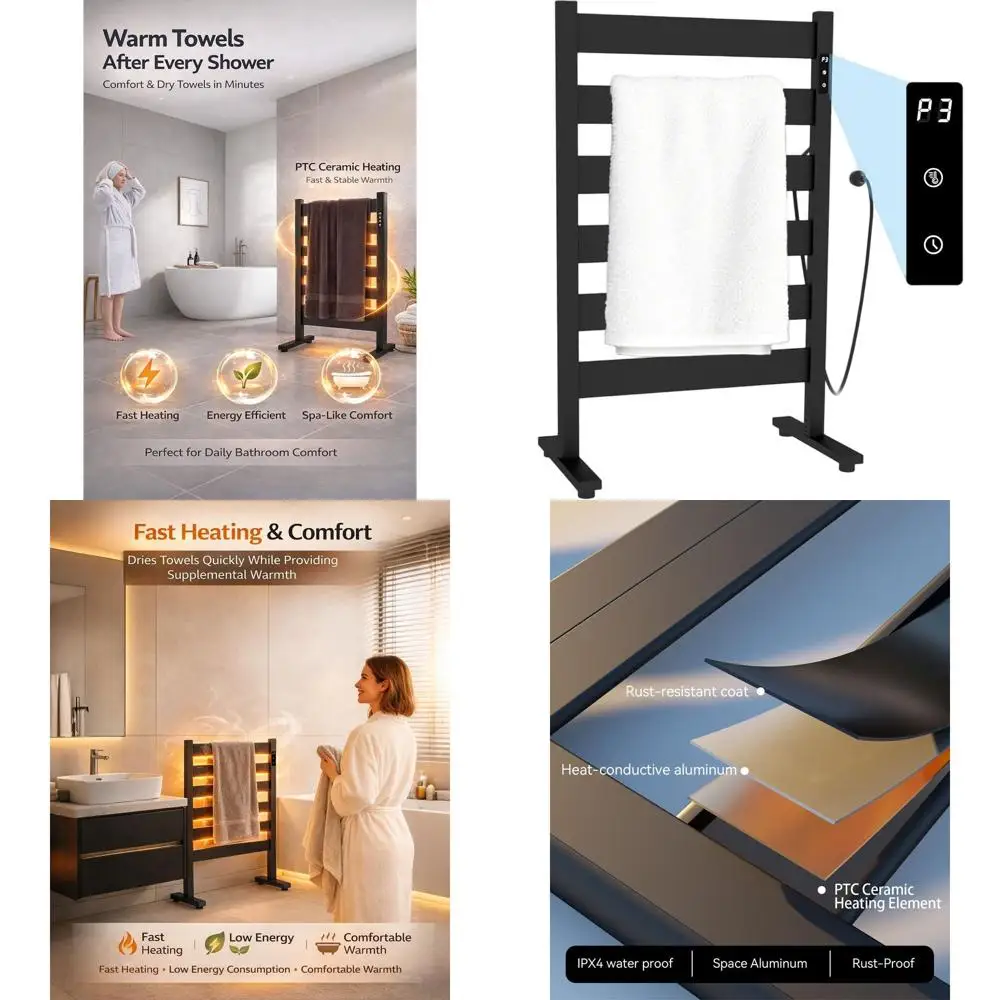 

Премиальный напольный полотенцесушитель для ванной комнаты с LED-таймером, высокой температурой нагрева и 6 перекладинами, матовый черный