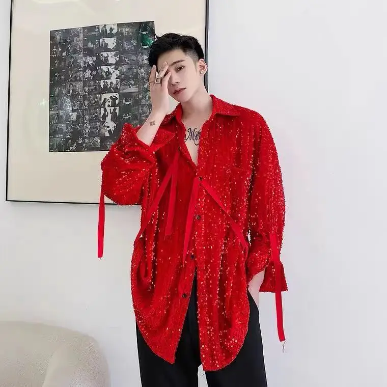 

Men Red Black Sequins Shirts Male Singer Concert Party Stage Performance Clothing Personality Sparkling Reflective Shirt Ropa