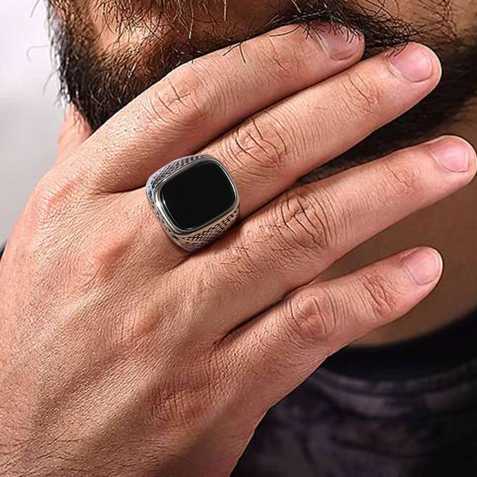 Punk Onyx Stone Signet Rings for Men, Stylish Waterproof Stainless Steel Black Stone Pinky Ring, New Rock Gifts for Him Jewelry