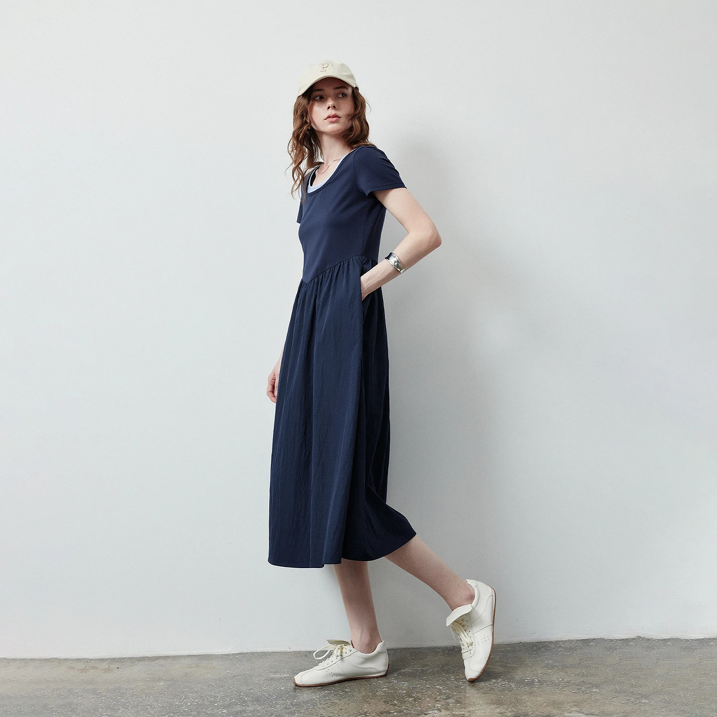 TOYOUTH Women Dress 2026 Summer Sorona Cool Feeling Navy Blue Contrast U Neck High Waist Spliced A Line Dress Fashion