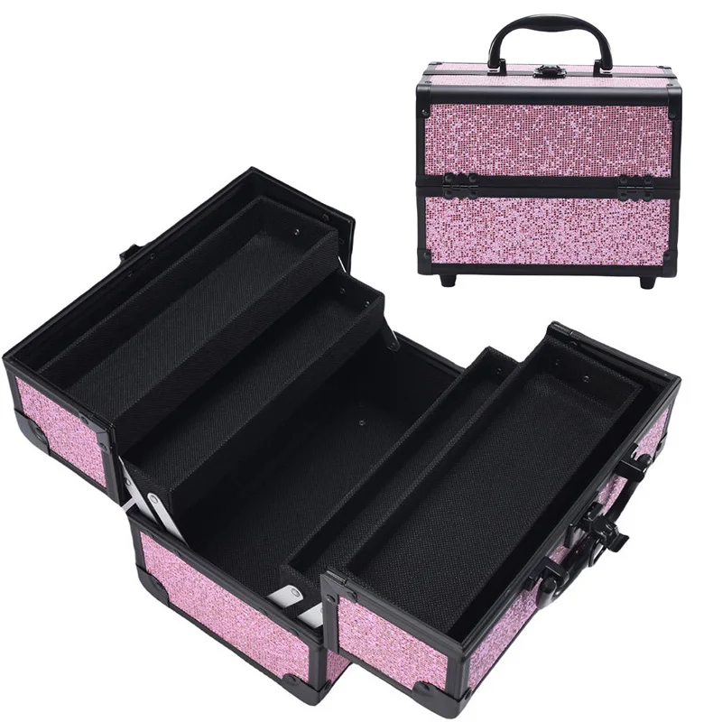 

Расширяемый органайзер для макияжа с блестками и блестками, портативный многослойный ящик для хранения косметики для дизайна ногтей, запираемый дорожный чехол для макияжа