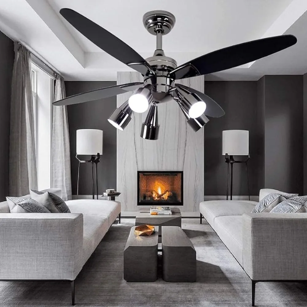 

48 inch modern black ceiling fan with 5 rotatable lights, remote control, quiet indoor fan ceiling light