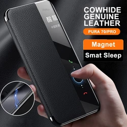 Cowhide Leather Flip Case For Huawei PURA 70 PRO Business Smart Sleep Wake plating Magnetic Cell Phone Cover For PURA80 Coque