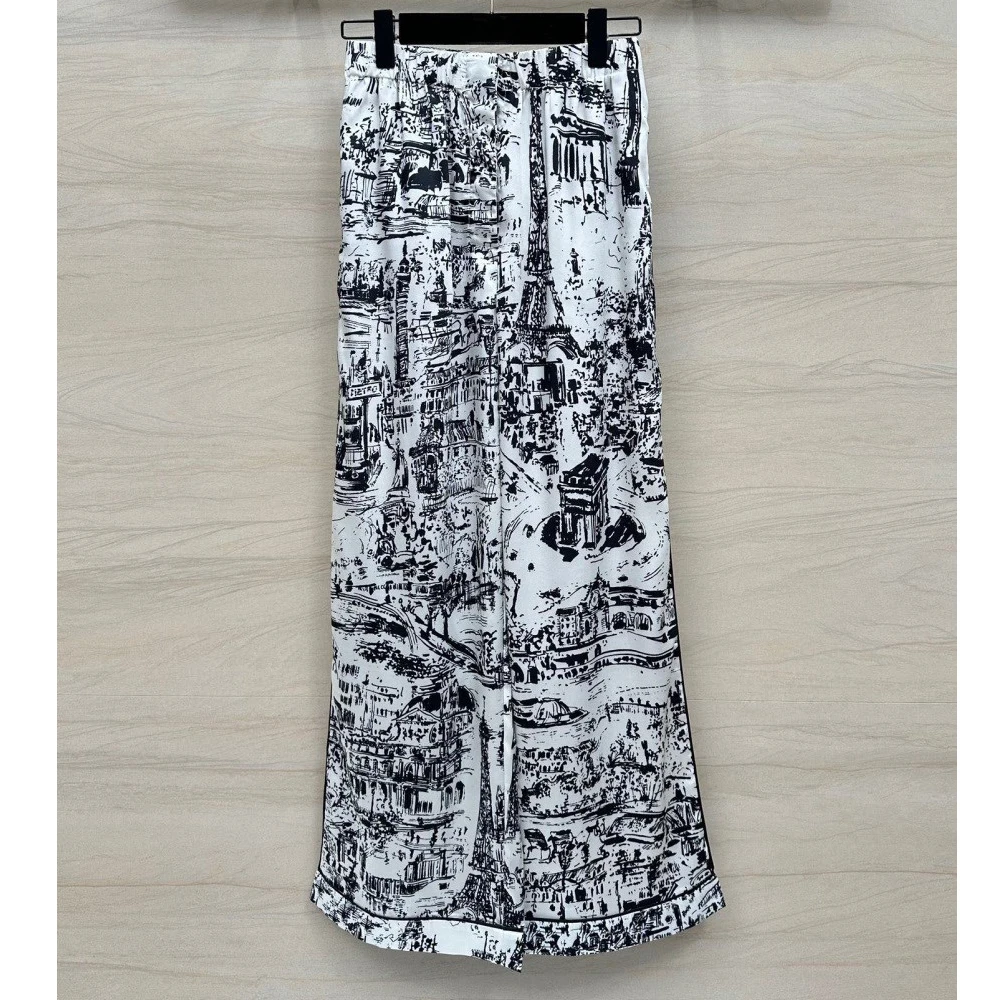 

High Quality Summer Women's Elegant and Elegant Temperament Exquisite Printed Elastic Waist Casual Wide Leg Pants