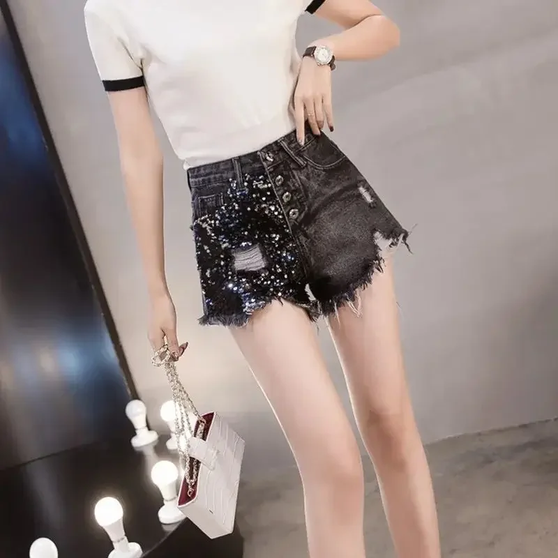 Korean Hot Short Pants Women Summer Wide Leg Vintage High Waist Aesthetic Fashion Sexy Casual Clothing Jean Denim Shorts Sequins