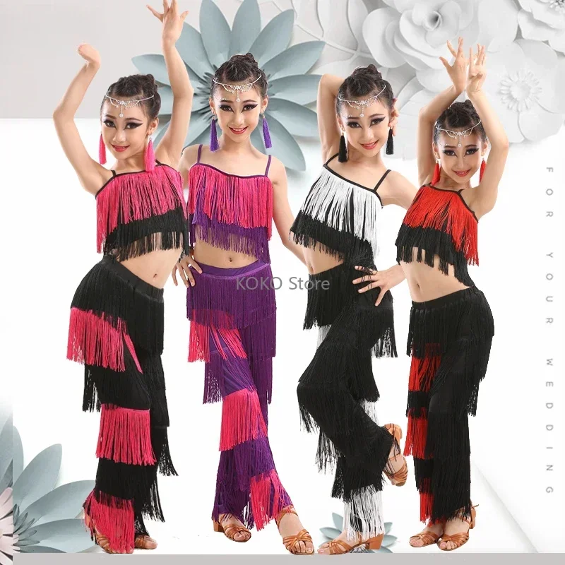 

1set/lot Latin Dance Set Ballroom Plus Size Fringe Tassel Pants and Top Solid Fringe Latin Dancing Costume Latin Dress