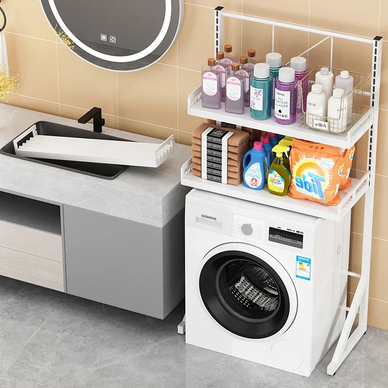 Space-Efficient Above Washing Machine Bathroom Shelf Toilet Storage with Adjustable Height Towel Holder Roller Washing Rack