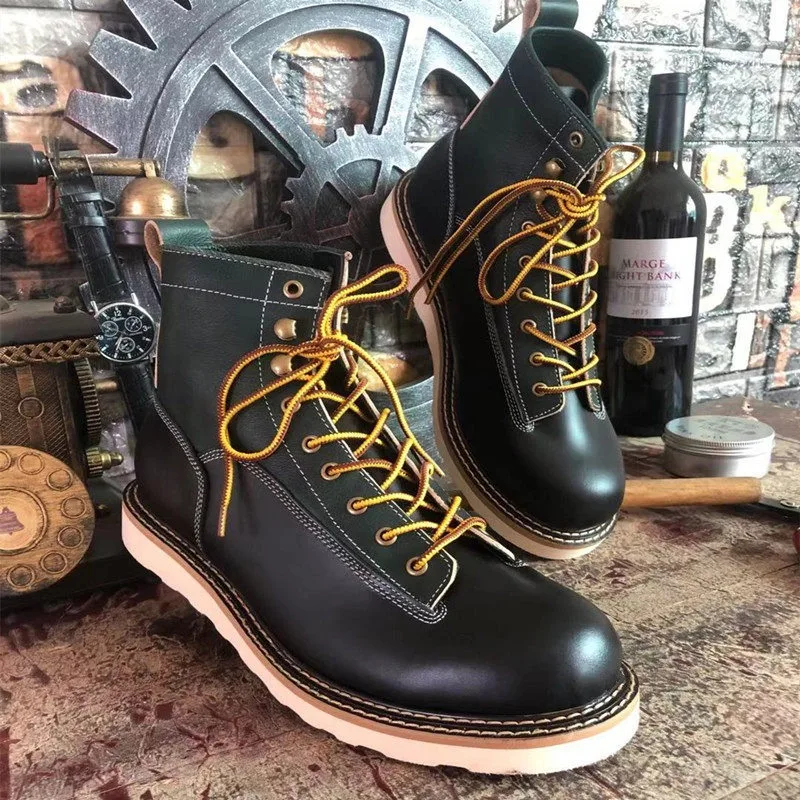 American Retro Men Motorcycle Boots Genuine Leather Spliced Lace-up Outdoor Riding Boots High-quality Wear-resistant Work Shoes