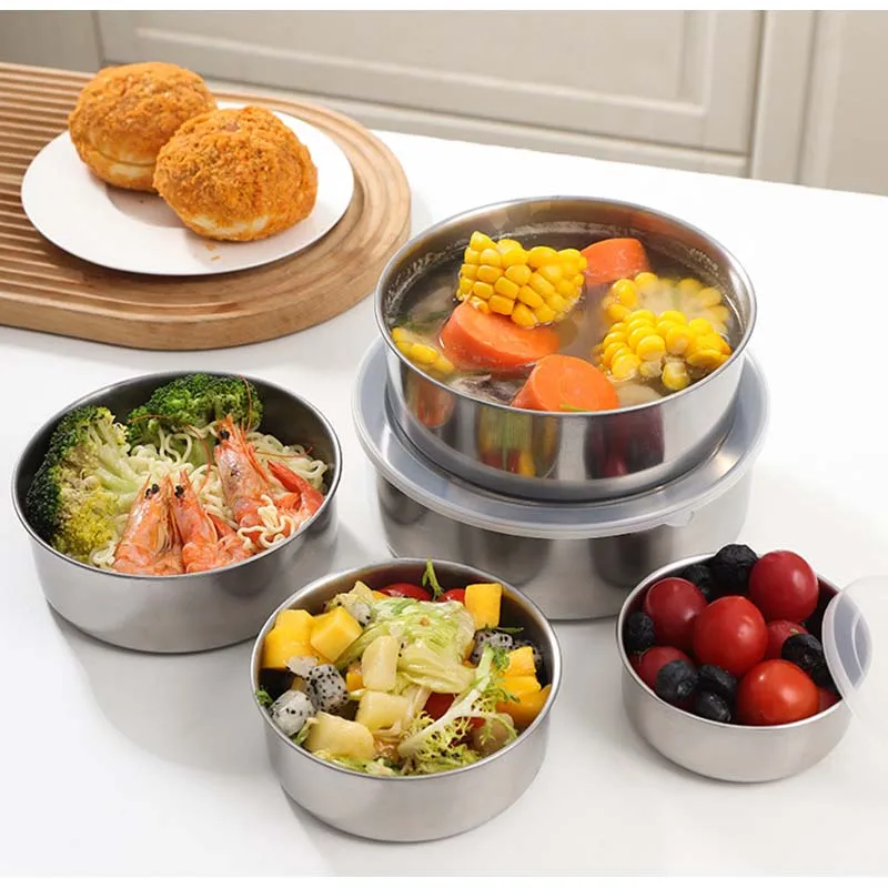 5 in 1 Stainless steel fresh-keeping box five piece set, kitchen refrigerator fresh-keeping storage can, round with lid