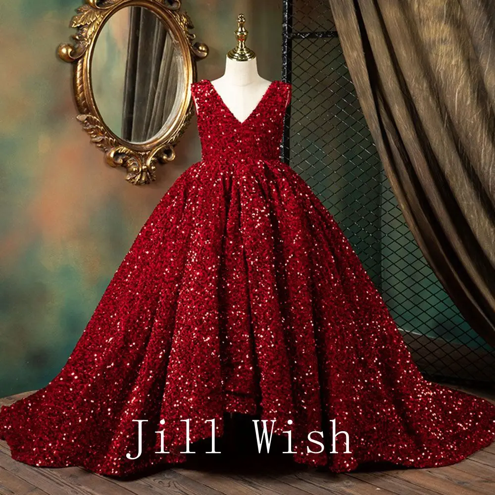 Jill Wish J087 Luxuriöses glänzendes Dubai-Mädchenkleid mit V-Ausschnitt in Burgunderrot, arabisches Prinzessinnenkleid für Kindergeburtstag, Hochzeit, Festzug