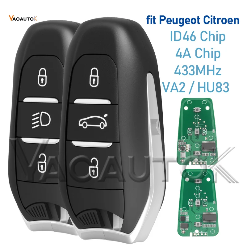 กุญแจรีโมทรถยนต์ Smart Key Fob ID46/4A 433MHz สำหรับ Peugeot 208 301 308 508 3008 5008 ใช้ได้กับ Citroen C3 C4 C4L C5 Picasso DS5 DS6 รุ่น VA2 HU83