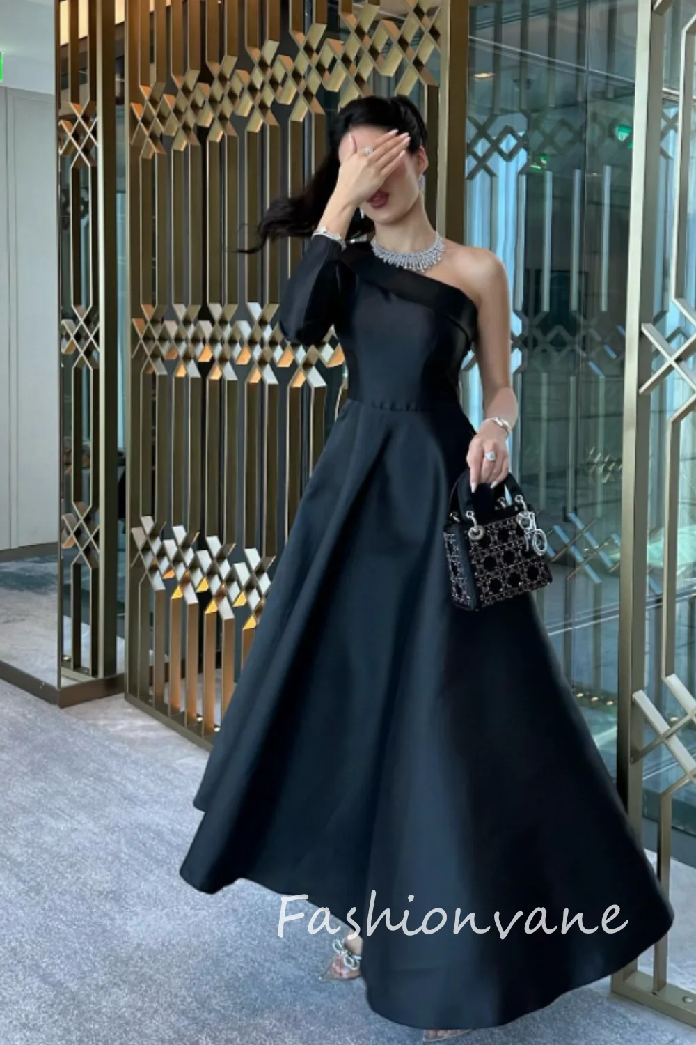 Fashionvane 2024 Customized A-Line One Shoulder Long Sleeve Ankle Length Prom Dress Evening Dress Formal Dress