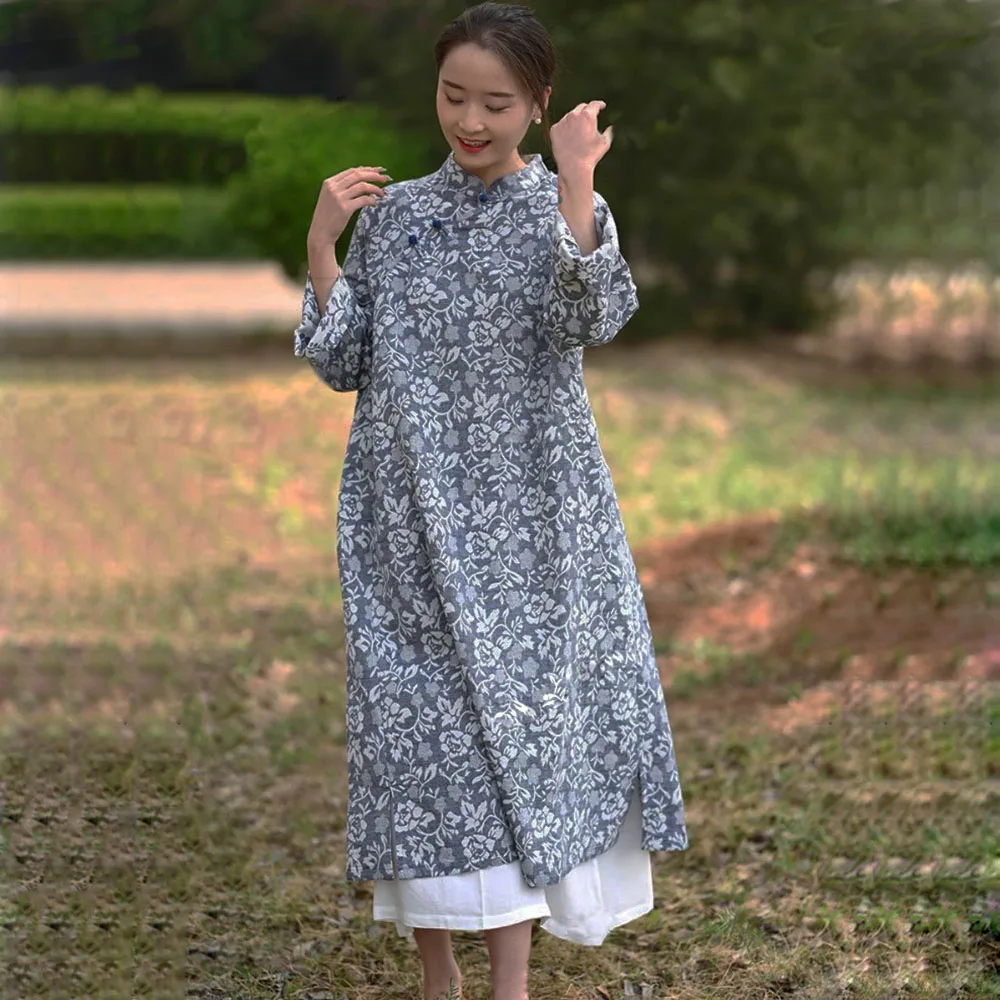 

Women Jacquard Cotton Linen Floral Print Cheongsam Dress Long Sleeve Casual Chinese Style Clothing Retro Lightweight Mid-Length