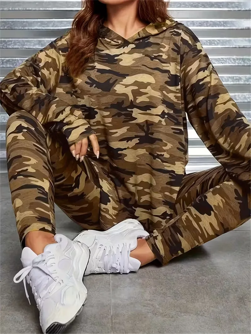 Damen Camouflage-Print Kapuzen-Trainingsanzug, Oversize Langarm-Hoodie, Jogginghose mit Bündchen, Lässige Loungewear, Zweiteiliges Outfit-Set – Detail 11
