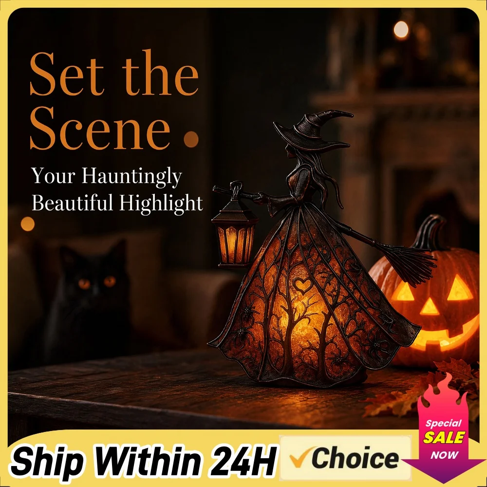 Resin Halloween Witch LED Lights Battery/USB Charging Retro Resin Accent Lamp Multi-Purpose for Bedroom Living Room Bookshelf