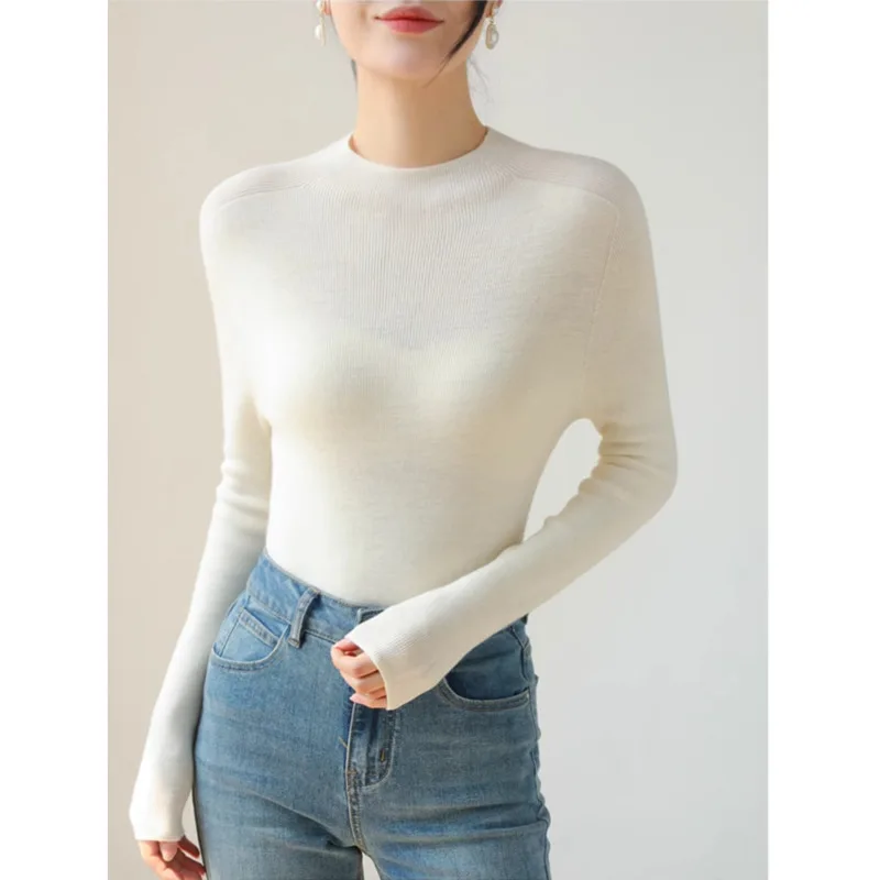 Half High Collar 100% Pure Wool Sweater Women Seamless Slim Long Sleeve Basic Knit Pullover Tops