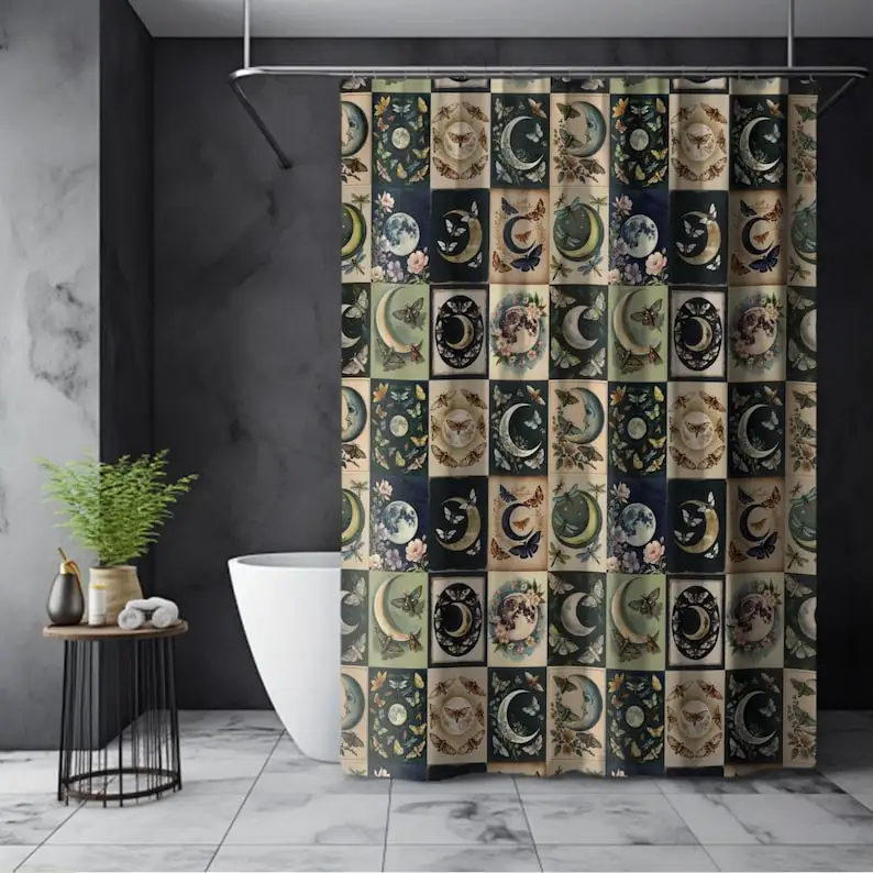 Witchy Moons Shower Curtain, Dark Academia Home Decor, Celestial Moths Butterflies, Gothic Bathroom Decor, Lunar Phase Bath, Insects
