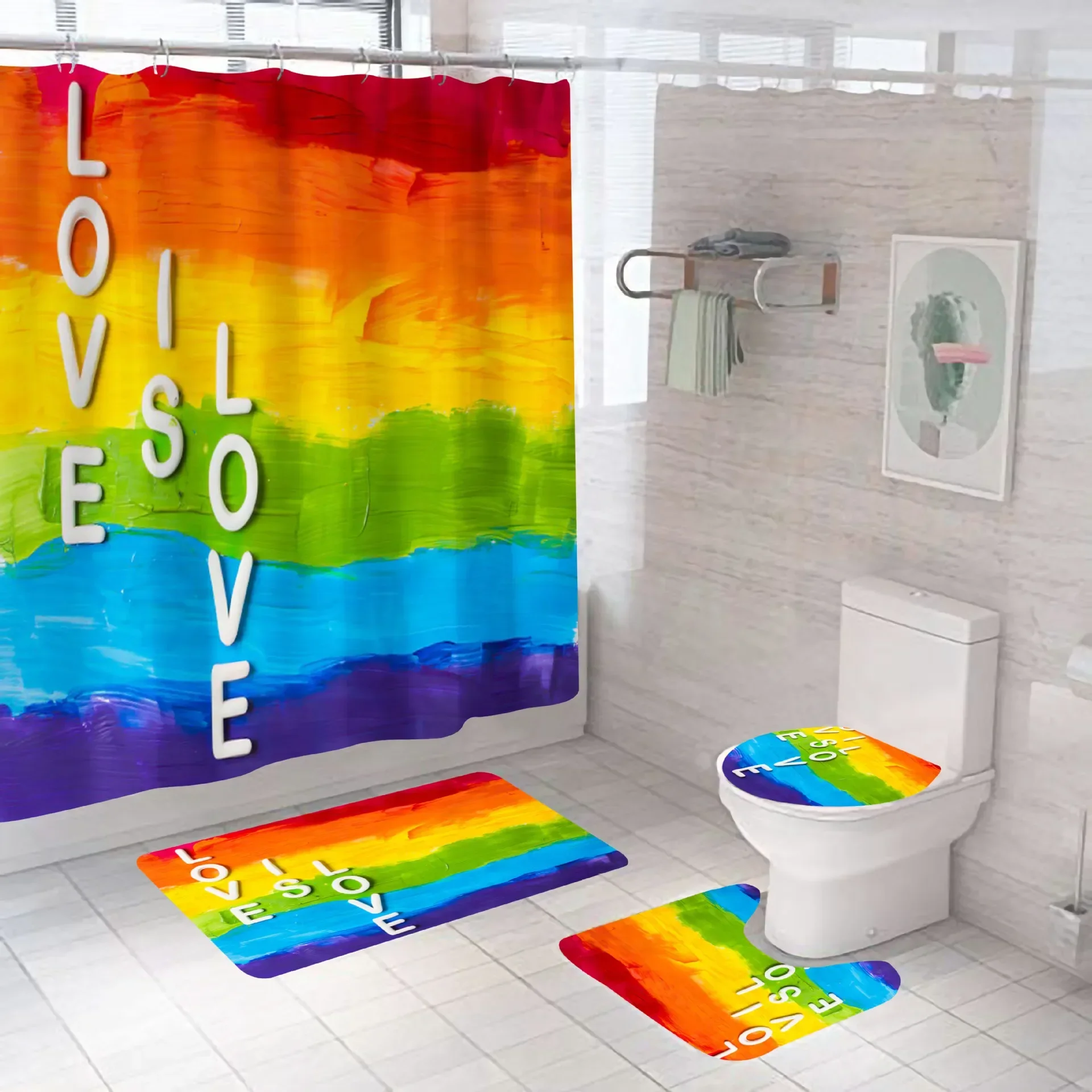 Colourful Rainbow Cube Shower Curtain Set and Bath Rugs  Vibrant Pattern Bathroom  Curtains  for  Home Decor