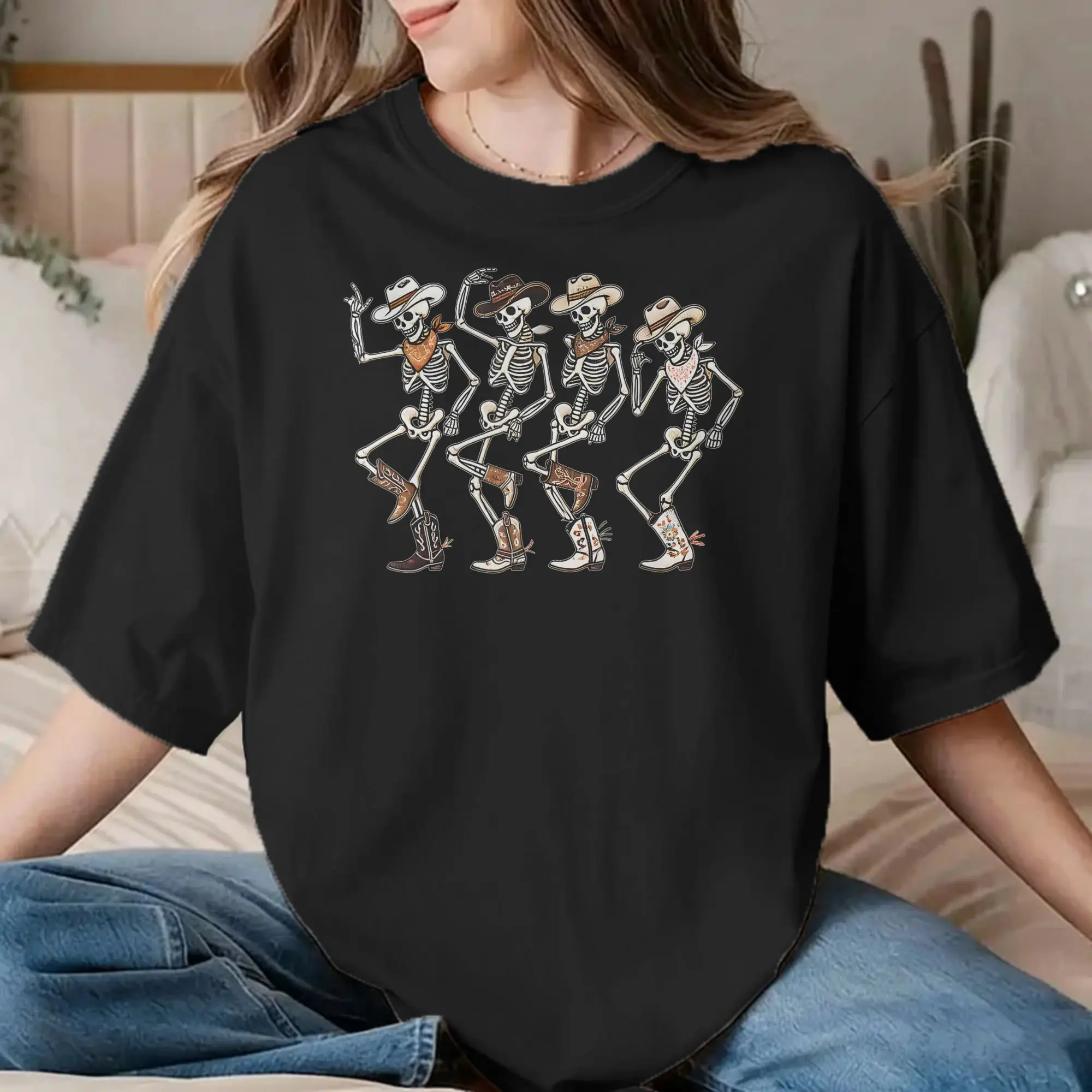 Men Women's T-Shirts Dancing Skeleton Cowboy Western Country Rodeo Halloween Cool Cotton Tee Shirt T Shirts O Neck Clothes