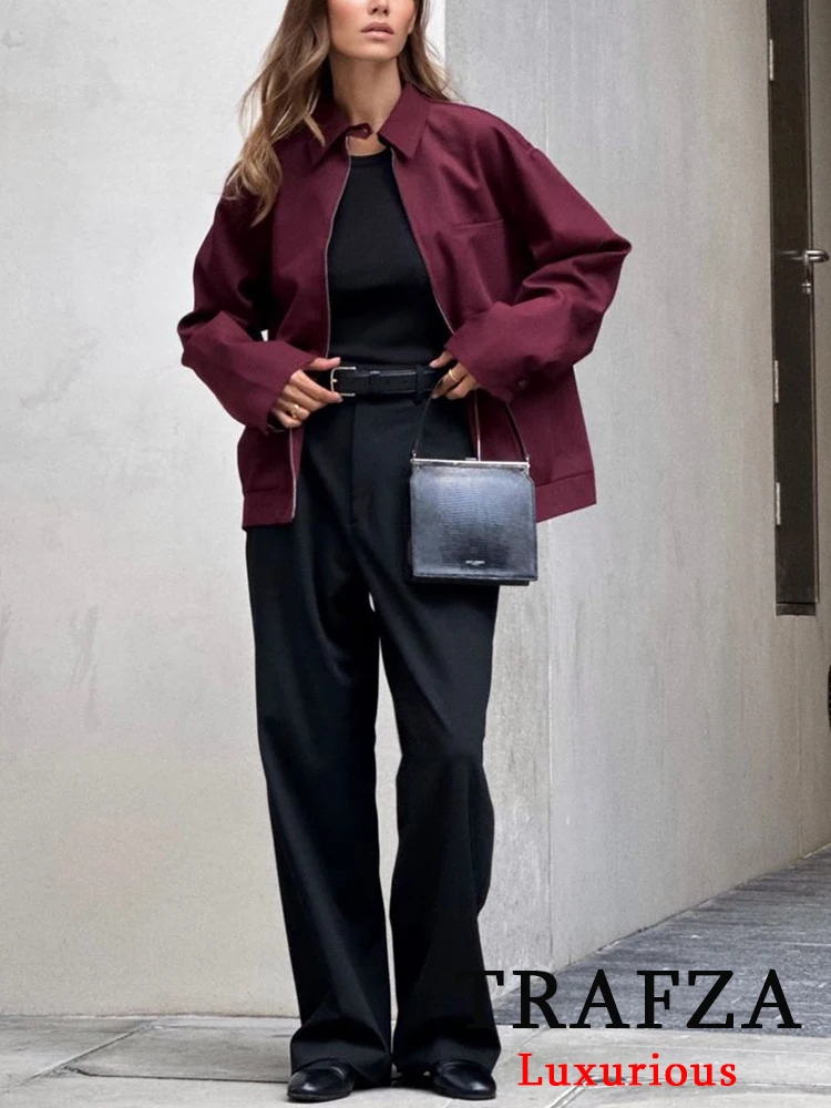 Travza setelan Vintage kasual Chic merah wanita Bordeaux jaket ritsleting kerah rebah setelan rok Mini busana musim gugur 2024