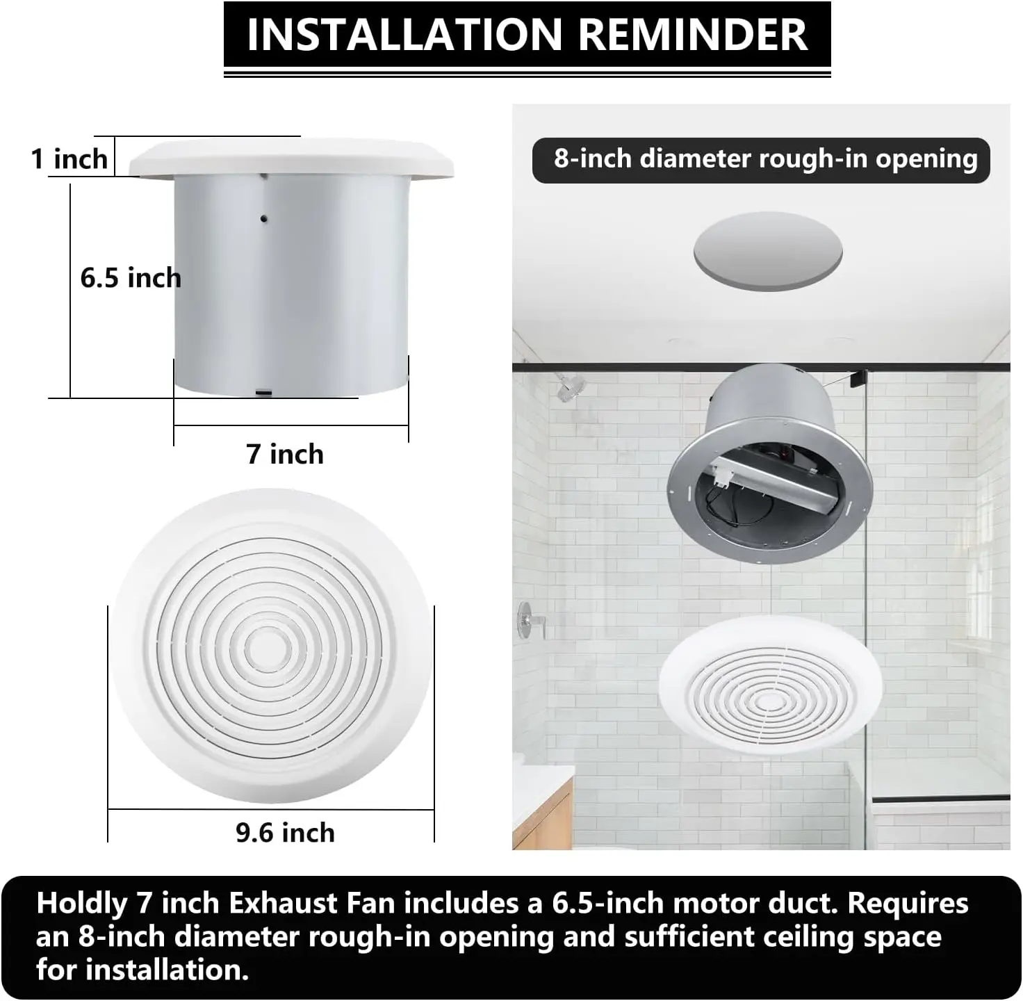 V2262-50 Exaustor de banheiro de 7 polegadas, 50 CFM, 1.0 Sones, Exaustor de teto de 7', para abertura áspera de 8 polegadas de diâmetro, ideal
