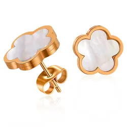 PAXA Trendy Stainless Steel White Shell Flower Stud Earrings For Women Luxury Elegant Earrings Charm Fashion Female Jewelry Gift