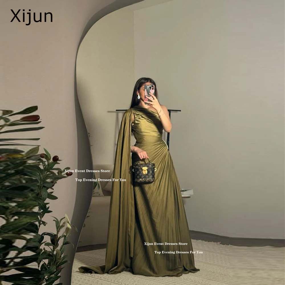 

Xijun Luxury Green Long Evening Dresses One Shoulder Cape Sleeves Prom Dresses A-Line Pleats Crystal Saudi Arabric Prom Gowns